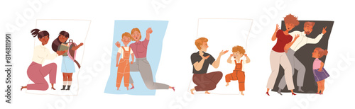 Mom and Dad Talking to Her Son and Daughter Vector Set