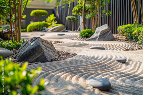 A tranquil Zen garden meticulously arranged with raked sand, serene meditation stones, and minimalist greenery, offering a peaceful sanctuary for reflection, mindfulness, and inner harmony.