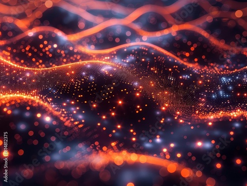An abstract background of glowing orange and blue particles.
