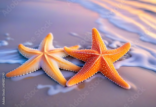 Starfish on a sandy beach with the ocean in the background and a soft sunrise lighting the scene.