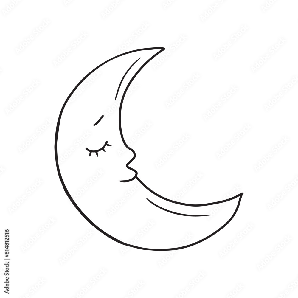 Cute moon smiling with closed eyes as a symbol of day dream slumber sleep. Hand drawn vector sketch illustration in doodle engraved line art vintage style. Child sleep catcher Cute moon smiling with closed eyes as a symbol of day dream slumber sleep. Hand drawn vector sketch illustration in doodle engraved line art vintage style. Child sleep catcher
