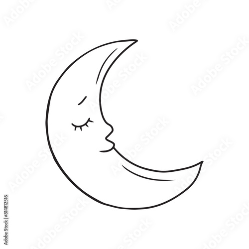 Cute moon smiling with closed eyes as a symbol of day dream slumber sleep. Hand drawn vector sketch illustration in doodle engraved line art vintage style. Child sleep catcher