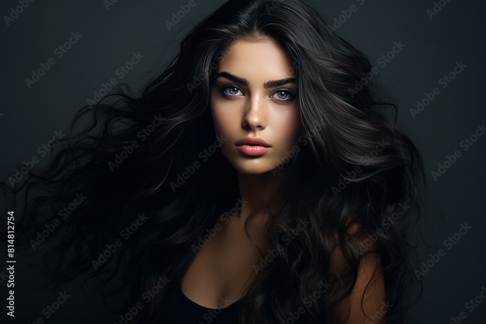 Mysterious woman with intense gaze and luxurious wavy hair Mysterious woman with intense gaze and luxurious wavy hair