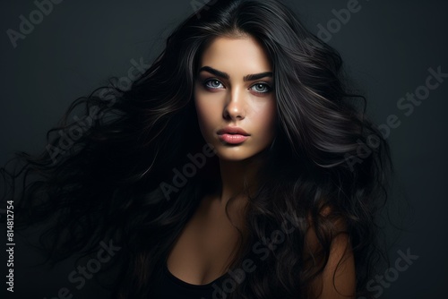 Mysterious woman with intense gaze and luxurious wavy hair