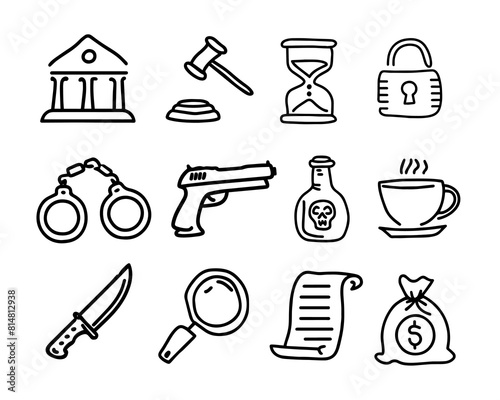 Law and justice icon set. Hand drawn vector illustration in doodle style. Isolated on white background.	