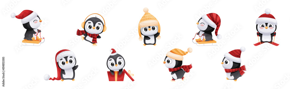 Fototapeta premium Cute Penguin Character Engaged in Different Activity Vector Set