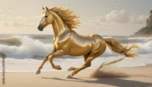 Craft a scene with a golden horse galloping along upscaled_2 photo