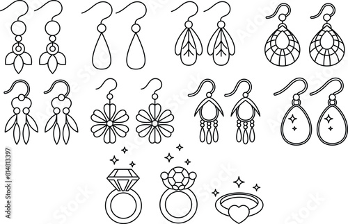 Set of fashion accessories earrings, ring doodle coloring page isolated on white background