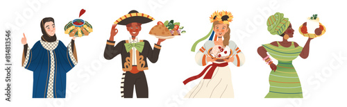 Gastronomic Tourism with People Character Holding Authentic Dish of Native Cuisine Vector Illustration Set