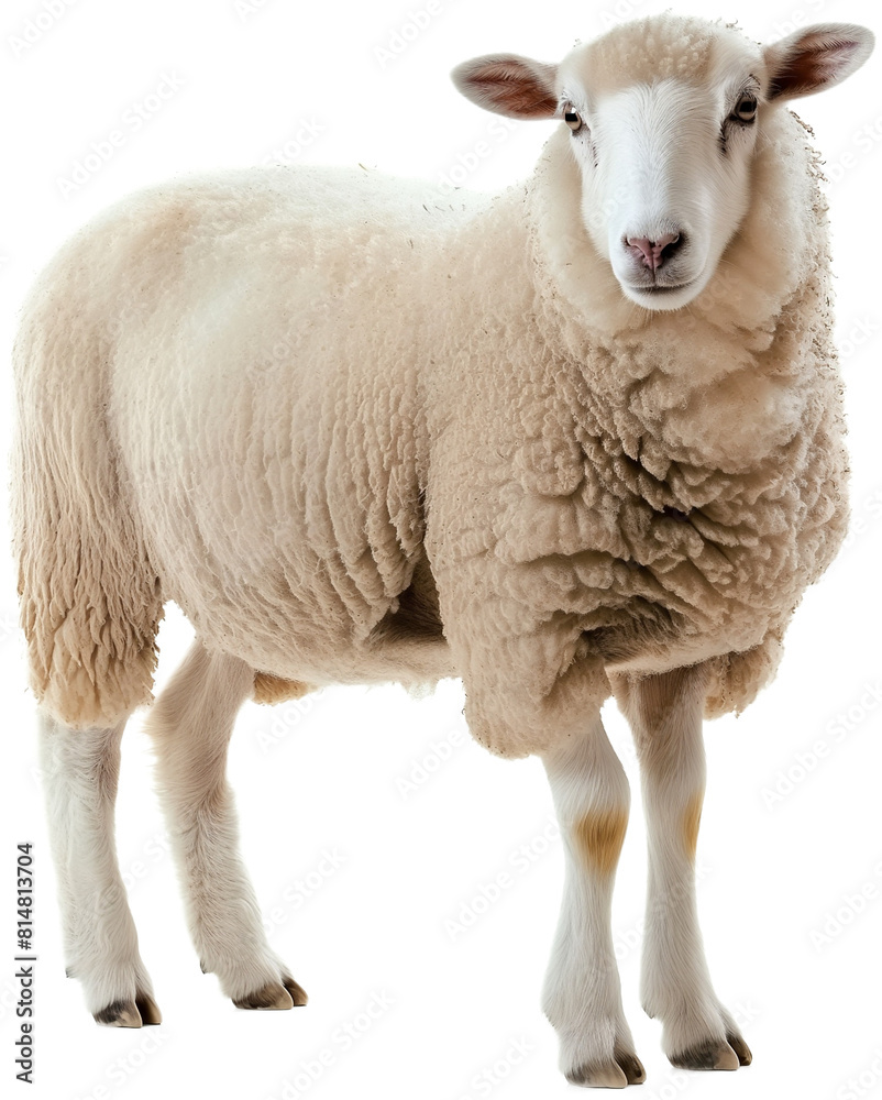 Fototapeta premium A standing sheep with thick, woolly fleece and a calm expression. 
