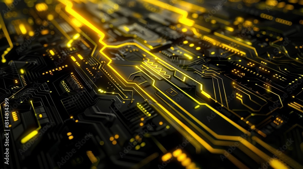 A close-up image of a black and gold circuit board with yellow glowing lines. A close-up image of a black and gold circuit board with yellow glowing lines.