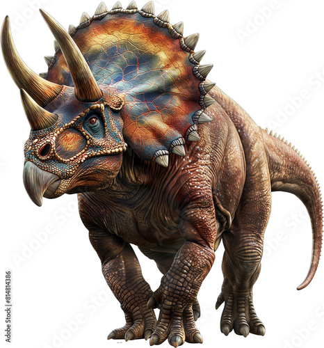 A detailed  colorful rendering of a Triceratops dinosaur  featuring three prominent horns and a textured frill. 