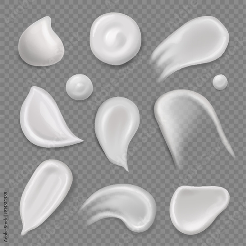 Cream smears. White realistic cosmetic lotion isolated swatches. Body gel, skin care elements. Vector illustration