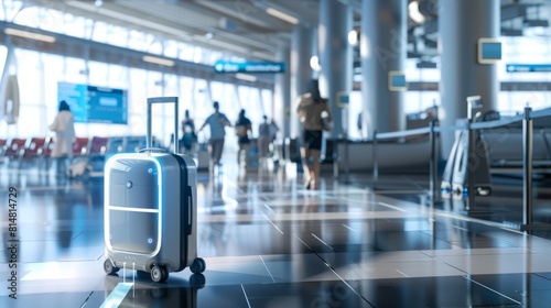 The advanced smart suitcase uses AI to independently maneuver through crowded airports making travel easier and stressfree, Generated by AI