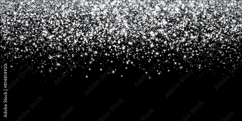 Silver glitter lights on black background. Sparkling glittering rain effect. Celebration backdrop for Christmas, wedding, birthday party. Luxury metallic frame, border. Vector. Silver glitter lights on black background. Sparkling glittering rain effect. Celebration backdrop for Christmas, wedding, birthday party. Luxury metallic frame, border. Vector.