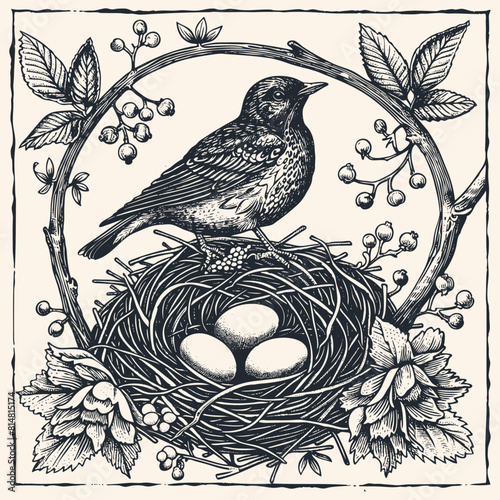 Wallpaper Mural Floral decorative vignettewith a forest bird in a nest, vector illustration Torontodigital.ca
