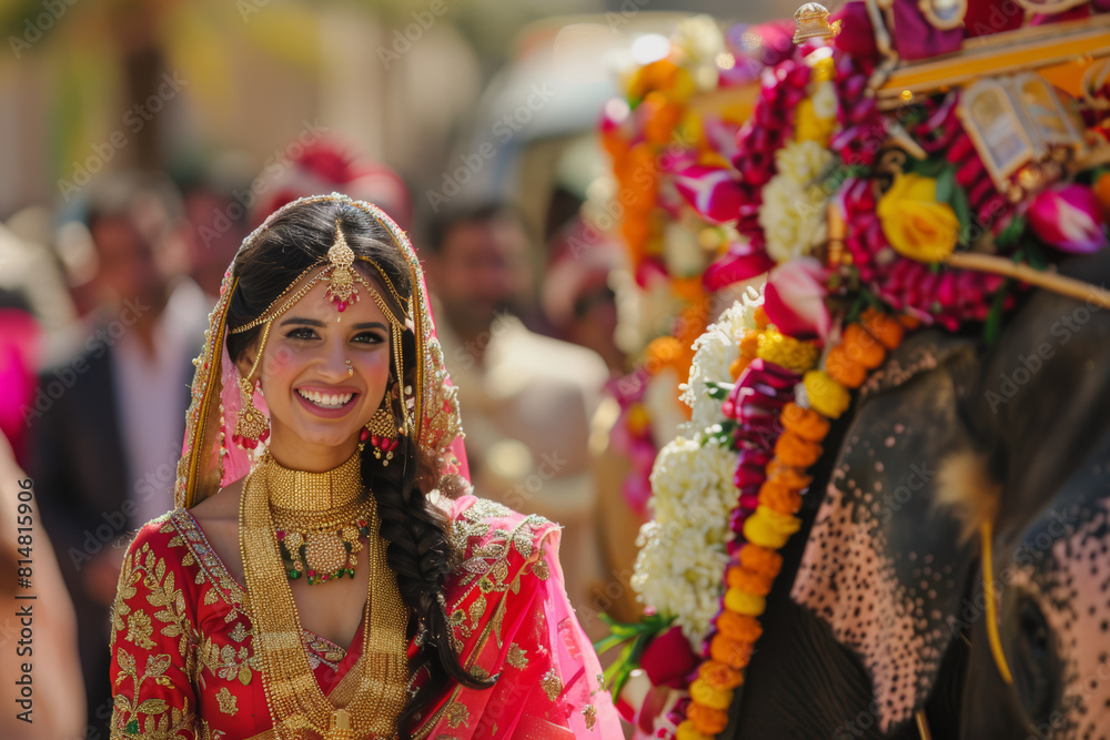 A joyful Indian wedding procession, with the groom riding a decorated elephant and the bride adorned in vibrant sarees and jewels.  Generative Ai.