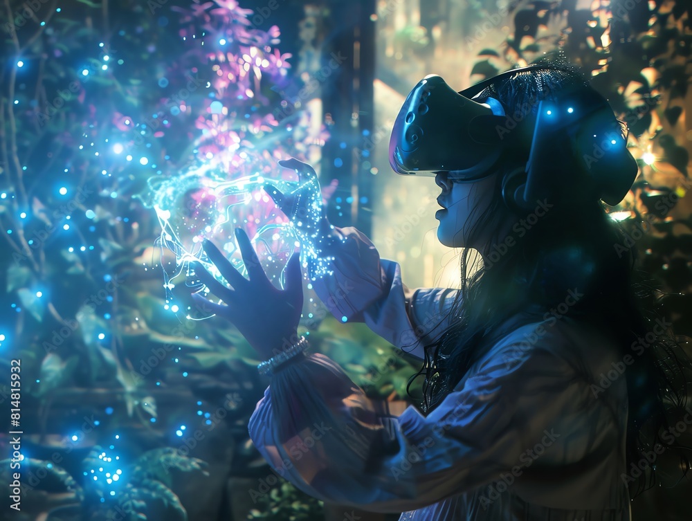 A young woman wearing a VR headset and reaching out to touch a glowing blue orb A young woman wearing a VR headset and reaching out to touch a glowing blue orb