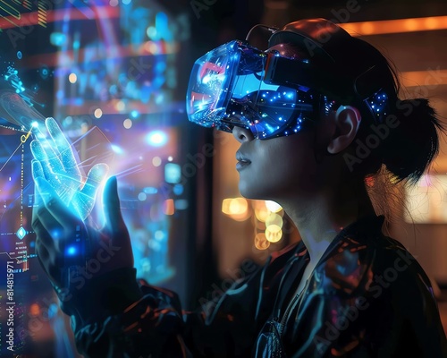 An young woman wearing a VR headset and interacting with a futuristic holographic display