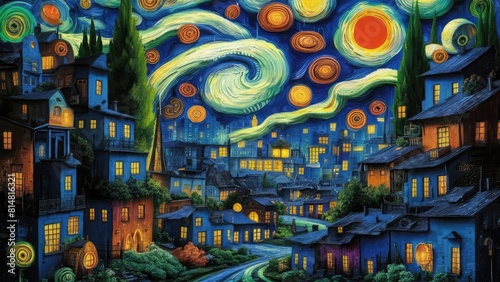 a painting of a city at night with a moon and stars.