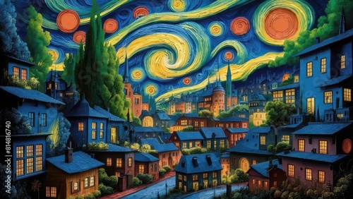 a painting of a city with a colorful sky and a city.
