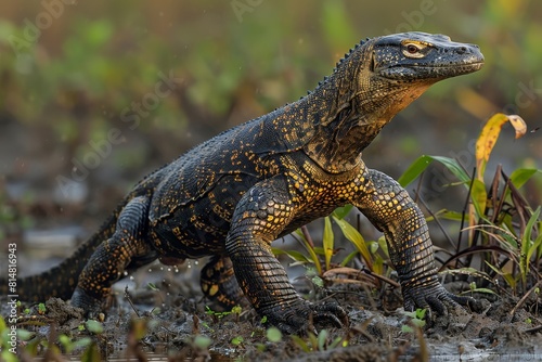 Nile Monitor: Hunting along riverbank with long tail and sharp claws, depicting behavior.