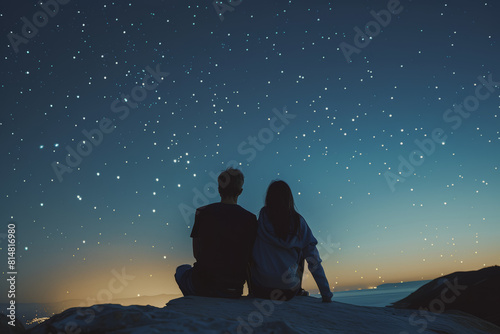 Two lithromantic partners enjoying a peaceful evening stargazing together, finding comfort and connection in the vastness of the universe. Generative Ai.