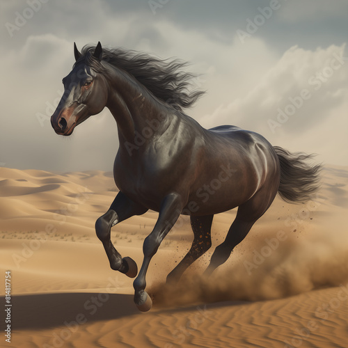 Black horse running in the desert