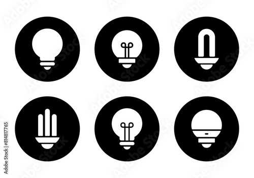 Light bulb icon set collection on black circle. Lamp concept