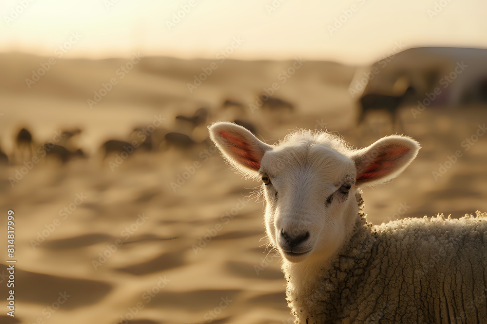 Fototapeta premium Close-Up of Serene White Sheep in Golden Desert Environment