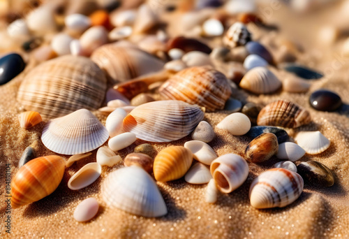 A close-up photo of beach sand, sea shells, and small stones with the golden light of sunset