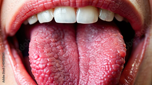 Extreme close-up of a tongue with visible taste receptors photo