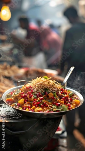 Large bowl of food on a grill with people in the background. Indian street food. Vertical background 