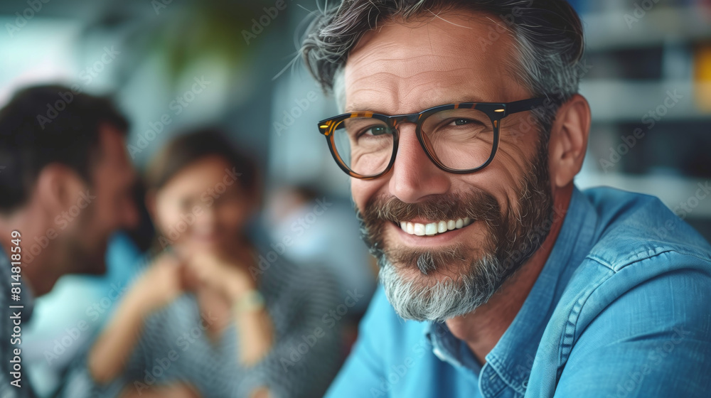 A man in glasses is happily smiling while standing in front of a diverse group of people, showcasing a positive and inclusive atmosphere A man in glasses is happily smiling while standing in front of a diverse group of people, showcasing a positive and inclusive atmosphere
