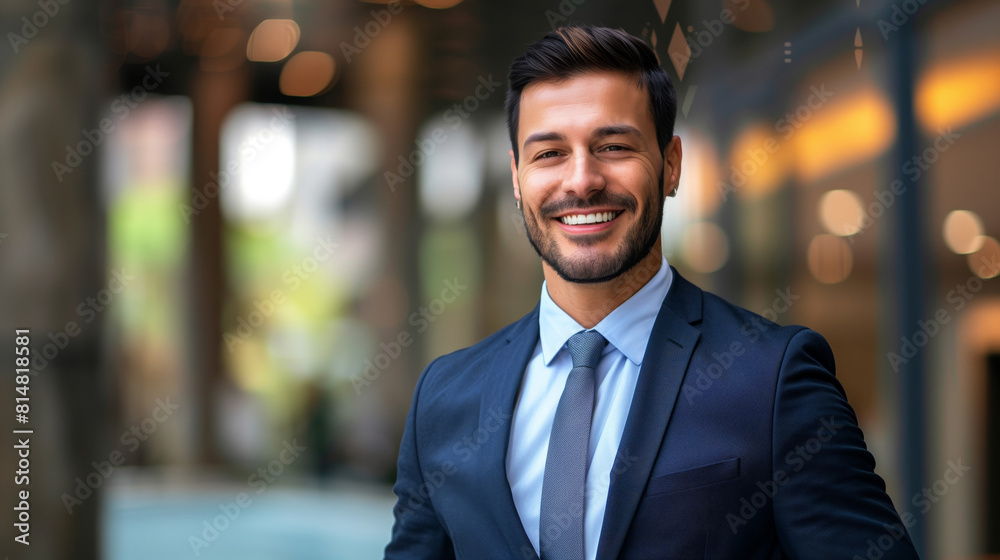 A businessman is standing in front of a building, smiling happily A businessman is standing in front of a building, smiling happily