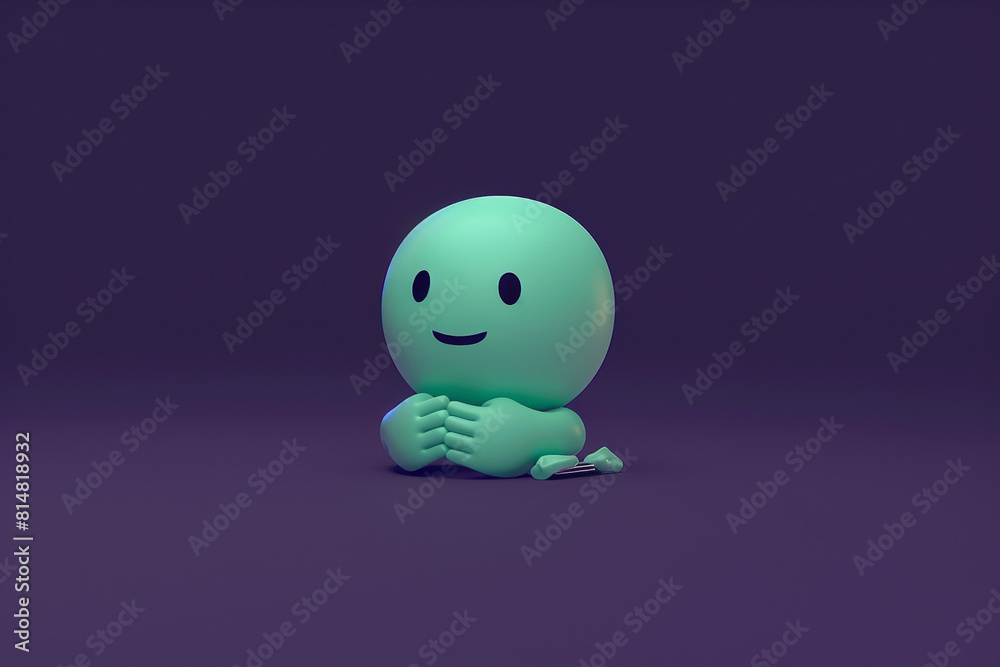 A minimalist 3D of a single mint green emoji writing with hands, on a dark purple background. A minimalist 3D of a single mint green emoji writing with hands, on a dark purple background.