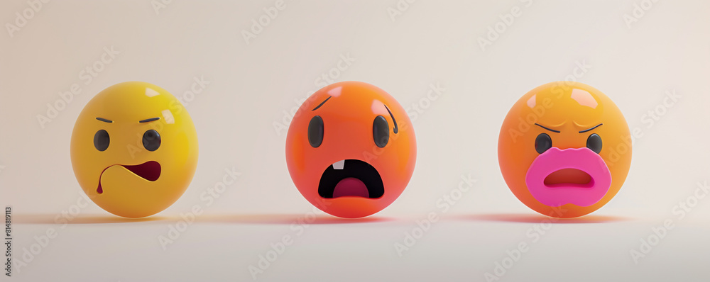 A minimalist 3D of three emojis: a yellow frightened, an orange relieved, and a pink disgusted emoji, all on a solid white background. A minimalist 3D of three emojis: a yellow frightened, an orange relieved, and a pink disgusted emoji, all on a solid white background.