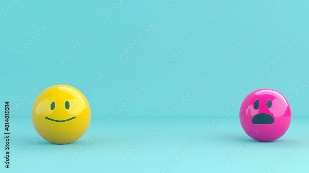 A minimalist 3D of a yellow content emoji next to a fuchsia startled emoji, both on a solid light blue background, contrasting contentment and alarm. A minimalist 3D of a yellow content emoji next to a fuchsia startled emoji, both on a solid light blue background, contrasting contentment and alarm.