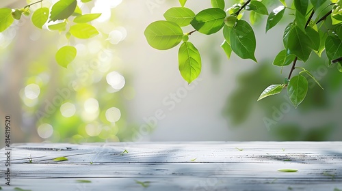 Blue sky background, old wooden table surrounded by beautiful trees background, copy space, space for text, Generative AI.青空の背景、古い木製のテーブルの周りは綺麗な木々背景、コピースペース,テキスト用スペース,Generative AI。 photo