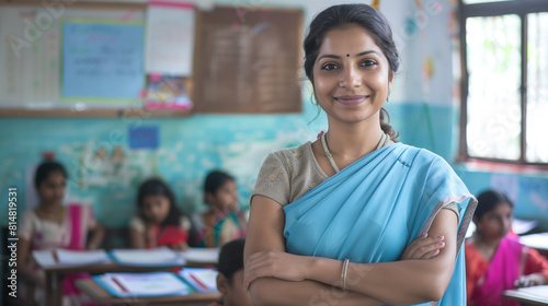 A focused beautiful indian teacher wearing saree standing in class