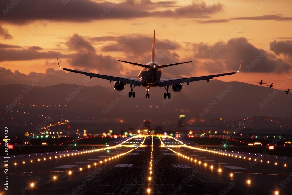 plane is flying over runway with lights on ground, vacation plane is flying over runway with lights on ground, vacation
