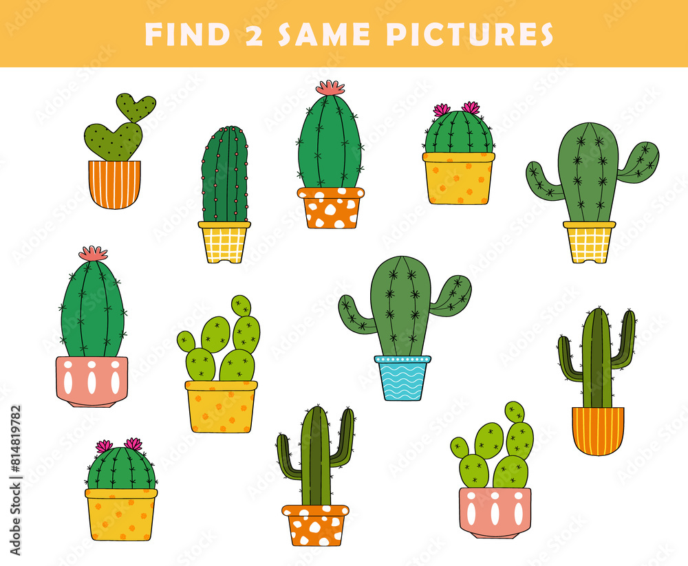 Find 2 same cactus. Puzzle game for children. Preschool worksheet activity for kids. Educational game. Find 2 same cactus. Puzzle game for children. Preschool worksheet activity for kids. Educational game.