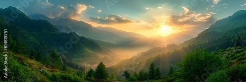 mountains and sun, forest and village realistic nature and landscape photo