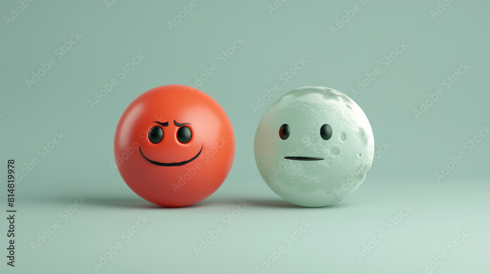 A photorealistic 3D of a pastel red jubilant emoji next to a moonstone somber emoji, both on a solid light green background, contrasting happiness and somberness. A photorealistic 3D of a pastel red jubilant emoji next to a moonstone somber emoji, both on a solid light green background, contrasting happiness and somberness.