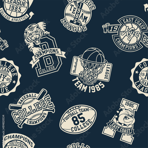 College athletic department sporting badges patchwork vintage vector seamless pattern for boy kid wear fabric t shirt sweatshirt pajamas