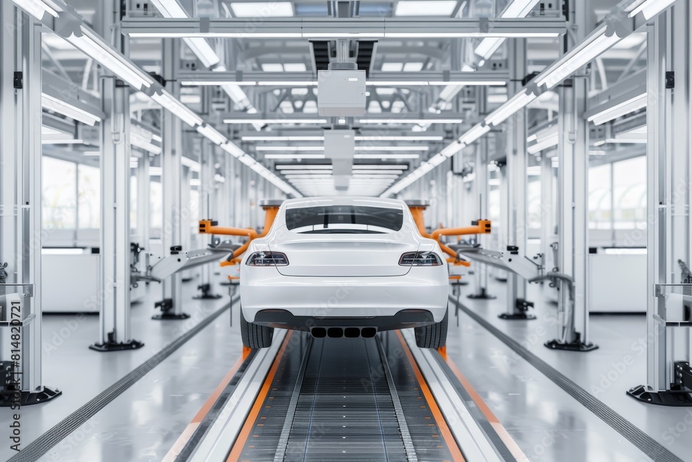 Obraz premium Modern passenger car assembly line with industrial factory setting for vehicle production