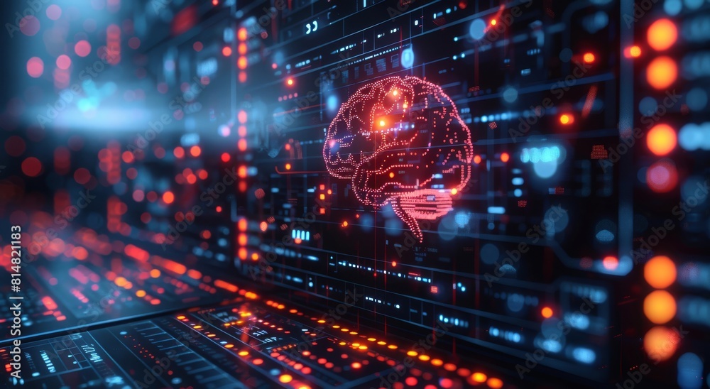 Futuristic visualization of an AI brain projected with surrounding digital data charts Futuristic visualization of an AI brain projected with surrounding digital data charts