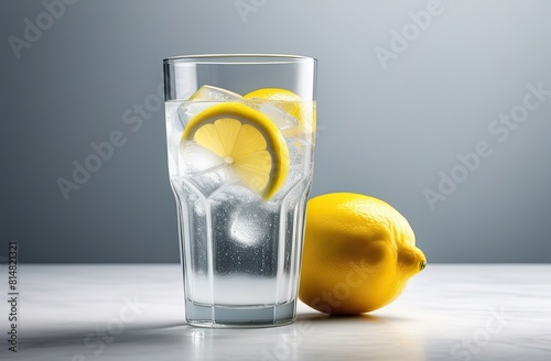 Glass of water with ice and mint on table on white background