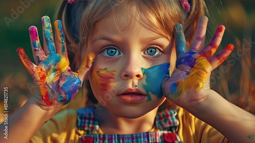 Portrait of a little girl with hands painted in bright colors.