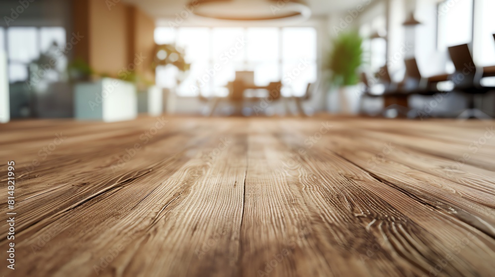 3D rendered image of a closeup view of a wooden table surface, with the busy background of an office setting artistically blurred 3D rendered image of a closeup view of a wooden table surface, with the busy background of an office setting artistically blurred